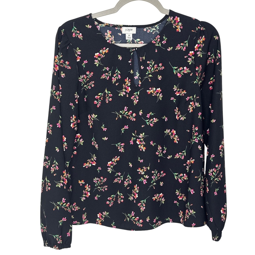 J. Crew Womens Black Floral Print Long Sleeve Keyhole Blouse Top Size M